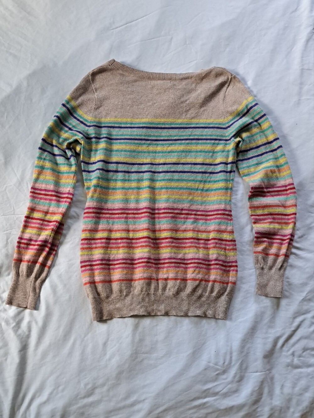 Old Navy Cotton Blend Beige Crewneck Lightweight Sweater with Multicolor Stripes - Picture 5 of 8